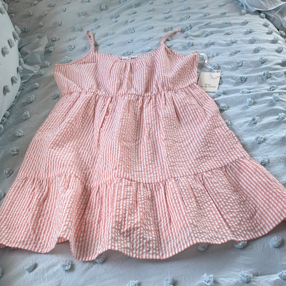 Pink Seersucker Tiered Sundress with Spaghetti Straps
